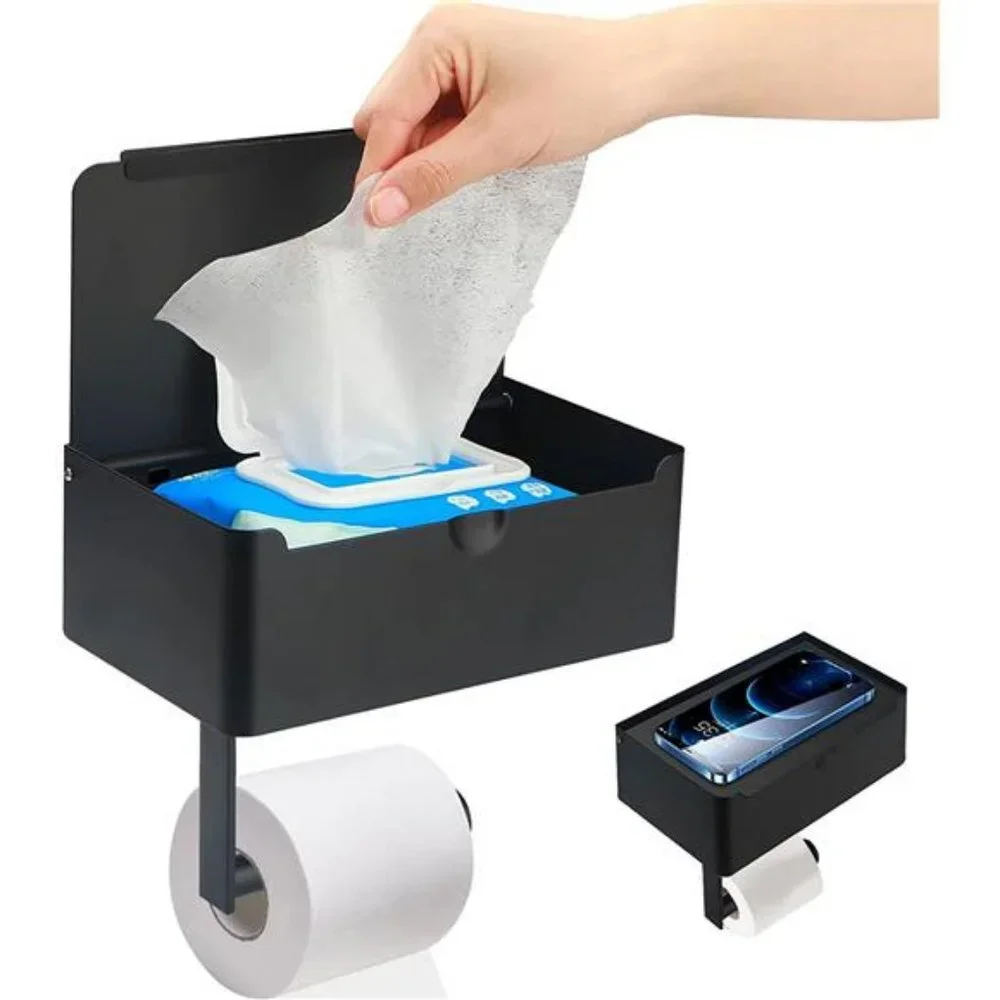 Toilet Paper Holder with Shelf -  Stainless Steel Wall Mount Bathroom Organizer